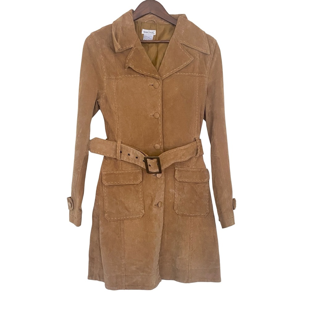 Wet Seal Vintage Women Trench Coat M Tan Suede Leather Belted Boho Western 70s